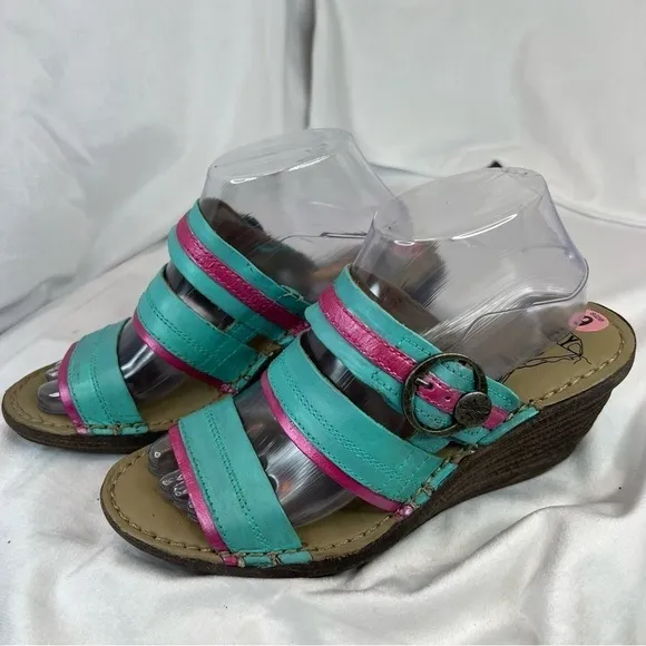 FLY LONDON Salm Wedge Sandals Strappy Slingback Turquoise &amp; Fuchsia Leather Sz 9
