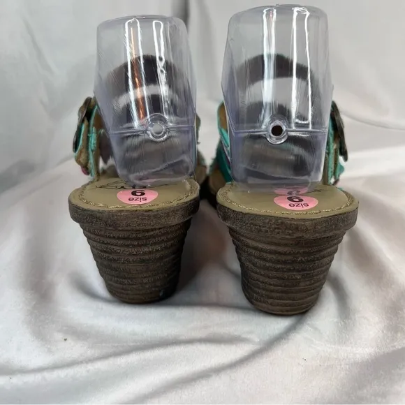 FLY LONDON Salm Wedge Sandals Strappy Slingback Turquoise &amp; Fuchsia Leather Sz 9