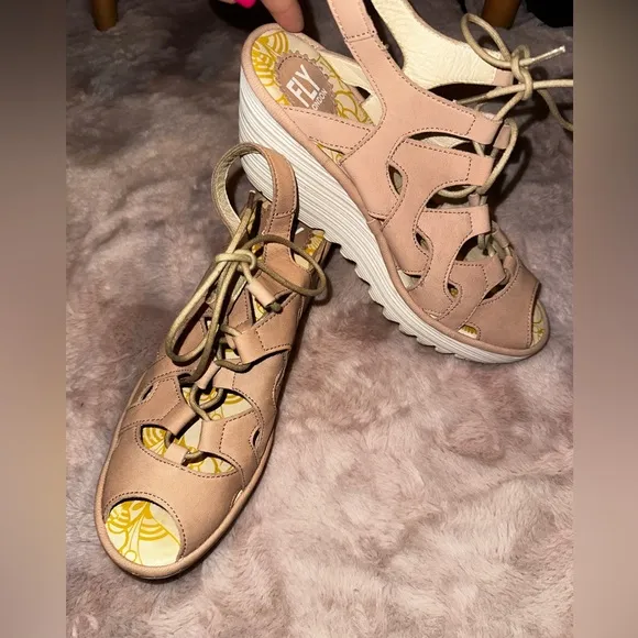 Fly London Stylish Tan lace up Wedge Sandals 39 8 8.5 summer vacation spring
