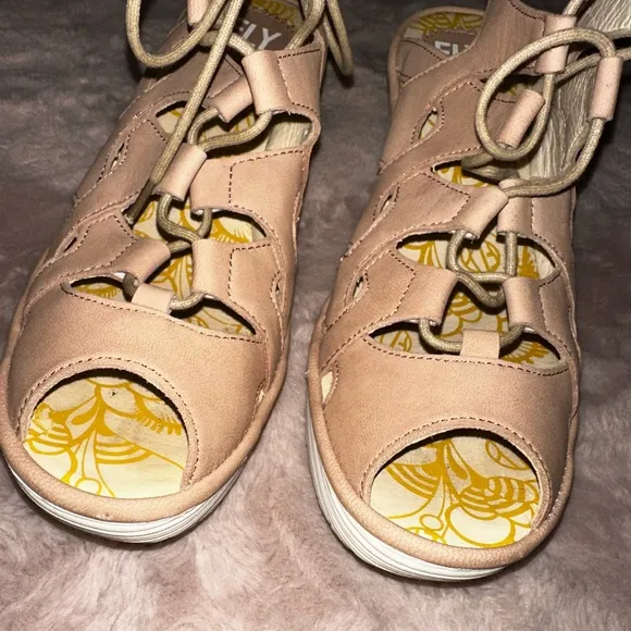 Fly London Stylish Tan lace up Wedge Sandals 39 8 8.5 summer vacation spring