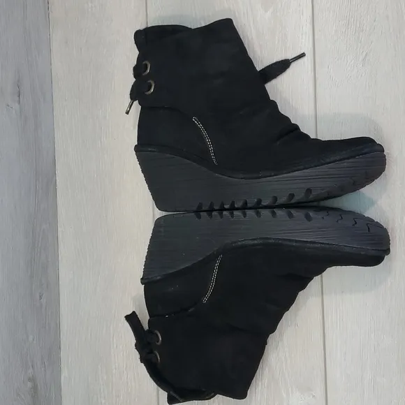 Fly London Yama Women Ankle Suede Wedge Tie Boots shoes sz 37 US 6.5- 7