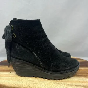 Fly London Yama Women's 8, EU 38 Black Suede Wedge Ankle Boots Booties Shoes