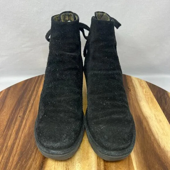 Fly London Yama Women's 8, EU 38 Black Suede Wedge Ankle Boots Booties Shoes