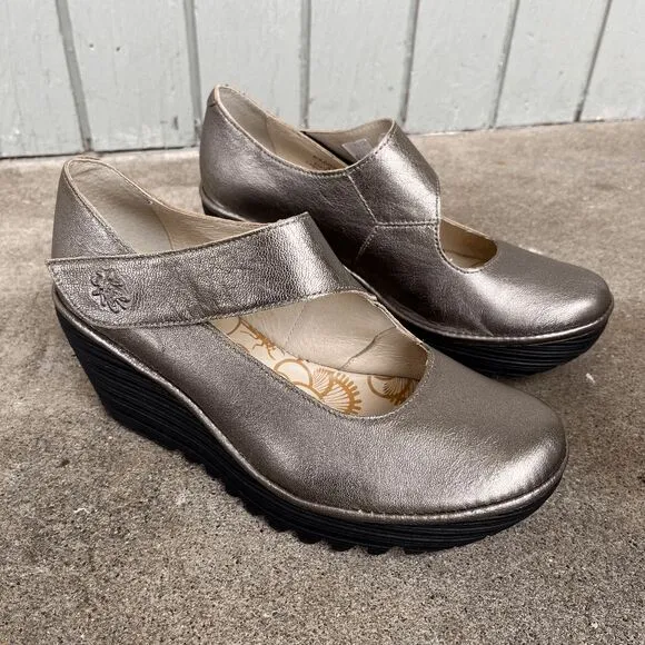 Fly London Yasi Bronze Leather Mary Jane Wedge Comfort Shoes SZ 40 (9-9.5)