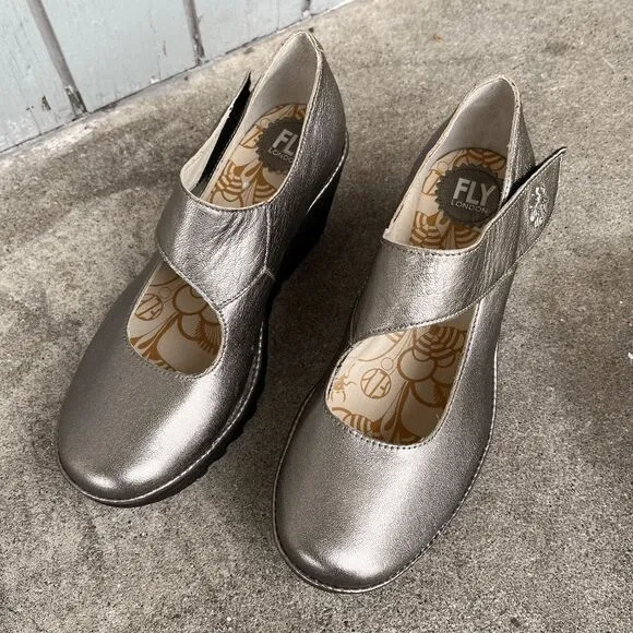 Fly London Yasi Bronze Leather Mary Jane Wedge Comfort Shoes SZ 40 (9-9.5)