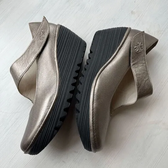Fly London Yasi Bronze Leather Mary Jane Wedge Comfort Shoes SZ 40 (9-9.5)