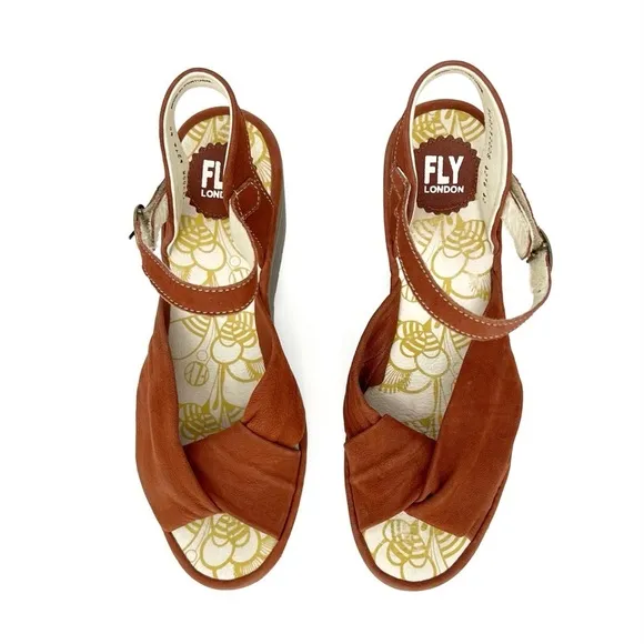Fly London Yesh Wedge Sandals Knotted Strap Brick Rust Nubuck Leather Size 9-9.5