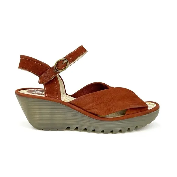 Fly London Yesh Wedge Sandals Knotted Strap Brick Rust Nubuck Leather Size 9-9.5