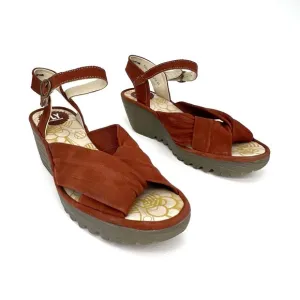 Fly London Yesh Wedge Sandals Knotted Strap Brick Rust Nubuck Leather Size 9-9.5