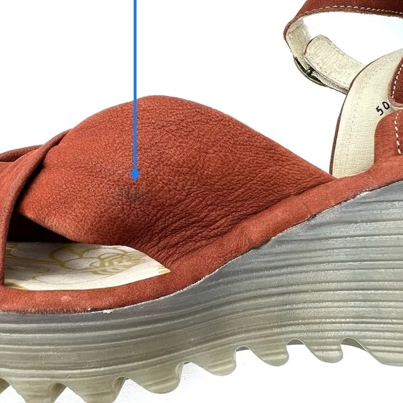 Fly London Yesh Wedge Sandals Knotted Strap Brick Rust Nubuck Leather Size 9-9.5