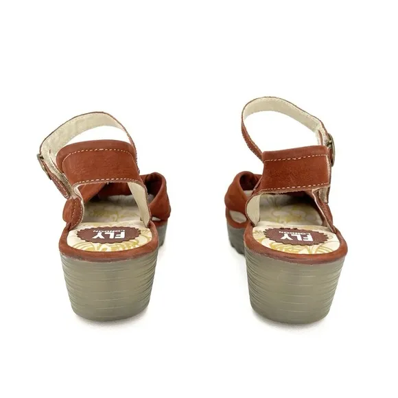 Fly London Yesh Wedge Sandals Knotted Strap Brick Rust Nubuck Leather Size 9-9.5