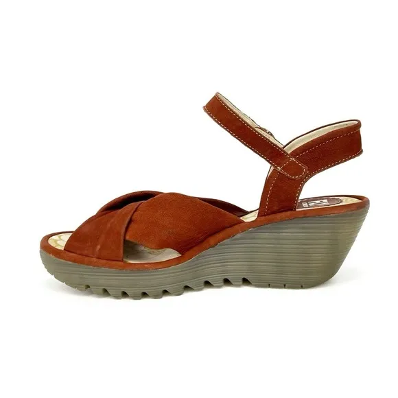 Fly London Yesh Wedge Sandals Knotted Strap Brick Rust Nubuck Leather Size 9-9.5