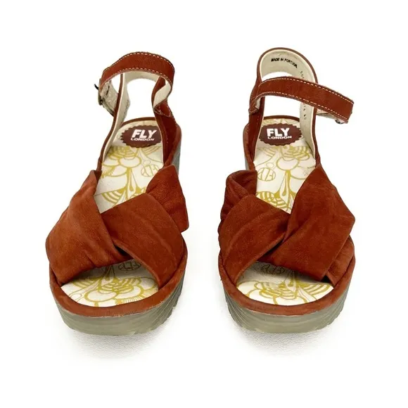 Fly London Yesh Wedge Sandals Knotted Strap Brick Rust Nubuck Leather Size 9-9.5
