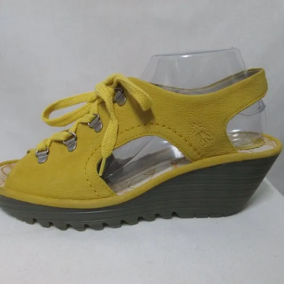 Fly London Yifa nubuck Leather wedge heels sandals yellow NEW Size Sz 41 9