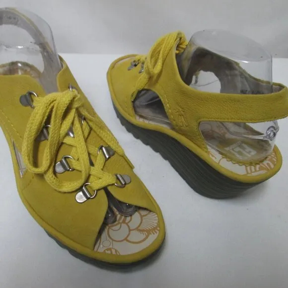 Fly London Yifa nubuck Leather wedge heels sandals yellow NEW Size Sz 41 9
