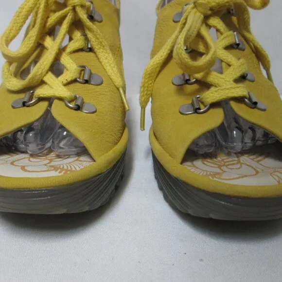 Fly London Yifa nubuck Leather wedge heels sandals yellow NEW Size Sz 41 9