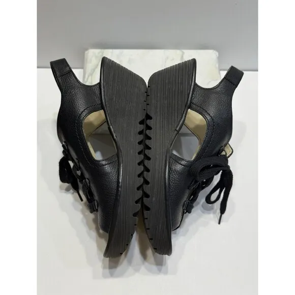 Fly London Ylfa Slingback Wedge Black Leather Lace Tie Women Sandals Sz 9 EU 40