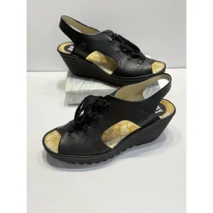 Fly London Ylfa Slingback Wedge Black Leather Lace Tie Women Sandals Sz 9 EU 40