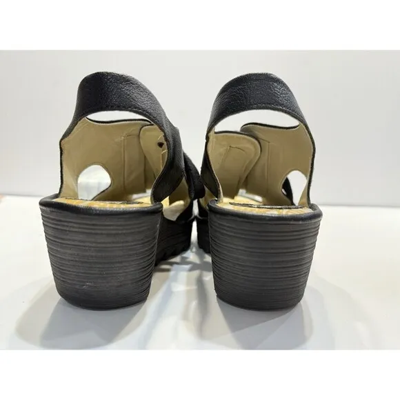 Fly London Ylfa Slingback Wedge Black Leather Lace Tie Women Sandals Sz 9 EU 40