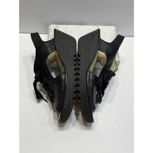 Fly London Ylfa Slingback Wedge Black Leather Lace Tie Women Sandals Sz 9 EU 40