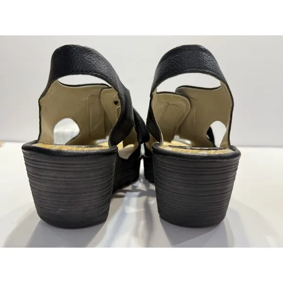 Fly London Ylfa Slingback Wedge Black Leather Lace Tie Women Sandals Sz 9 EU 40