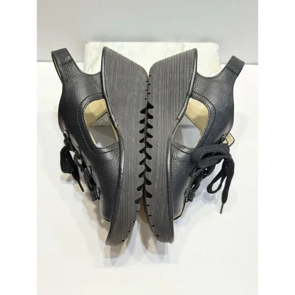 Fly London Ylfa Slingback Wedge Black Leather Lace Tie Women Sandals Sz 9 EU 40