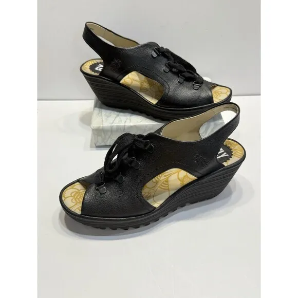 Fly London Ylfa Slingback Wedge Black Leather Lace Tie Women Sandals Sz 9 EU 40