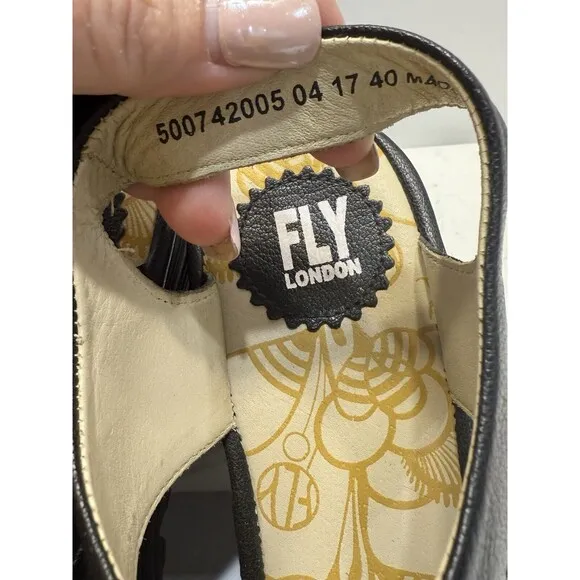 Fly London Ylfa Slingback Wedge Black Leather Lace Tie Women Sandals Sz 9 EU 40