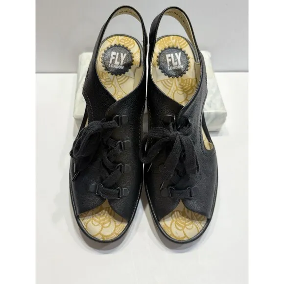 Fly London Ylfa Slingback Wedge Black Leather Lace Tie Women Sandals Sz 9 EU 40
