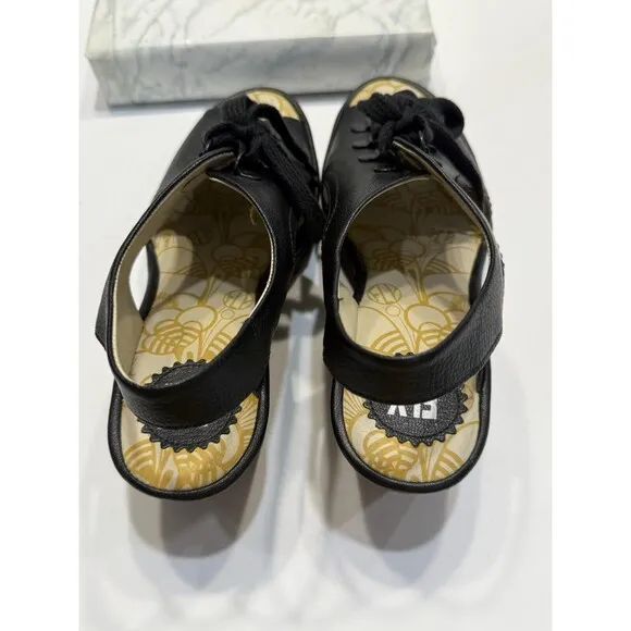 Fly London Ylfa Slingback Wedge Black Leather Lace Tie Women Sandals Sz 9 EU 40