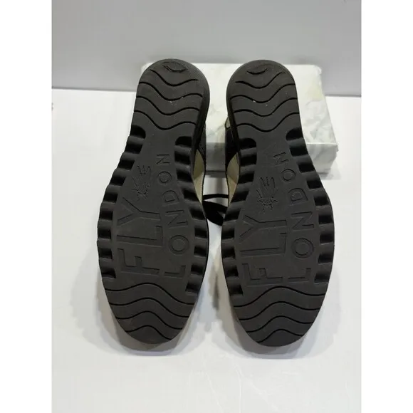 Fly London Ylfa Slingback Wedge Black Leather Lace Tie Women Sandals Sz 9 EU 40