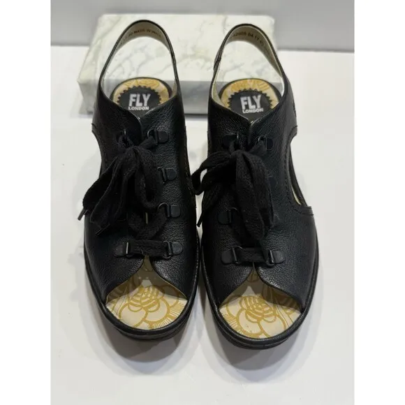 Fly London Ylfa Slingback Wedge Black Leather Lace Tie Women Sandals Sz 9 EU 40