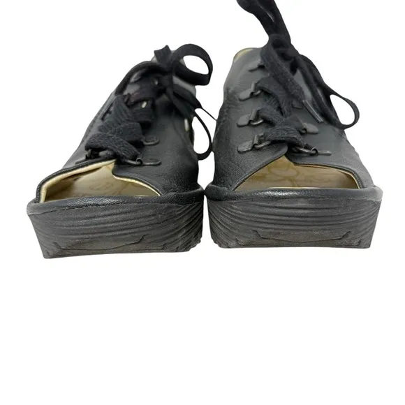 Fly London Yuta Leather Lace Platform Wedge Sandals Black Size 40 8.5 Slingback