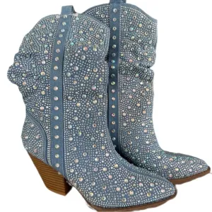 Forever Rhinestone Embellished Denim Boots Size 6 GORGEOUS NEW Western