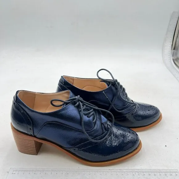 FOWT Blue Perforated Lace-Up Oxfords Almond Toe Chunky Heel Brogues Casual Shoes