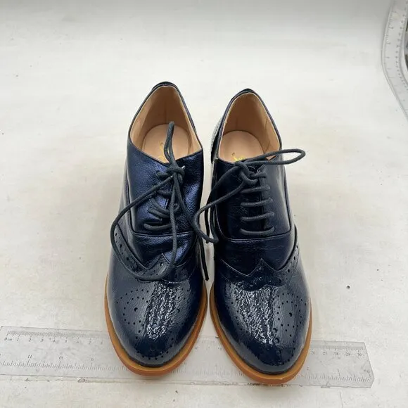 FOWT Blue Perforated Lace-Up Oxfords Almond Toe Chunky Heel Brogues Casual Shoes
