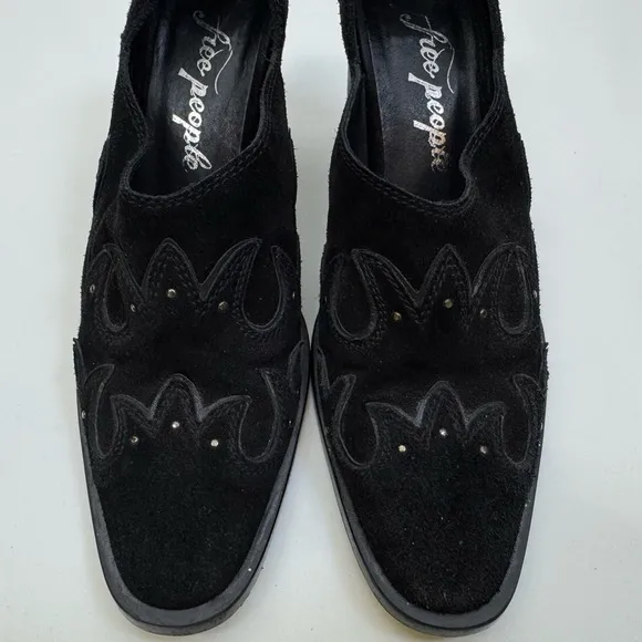 Free People Alamo Booties Black Suede Leather 38 7.5/8 Shoes Studs Western Heels