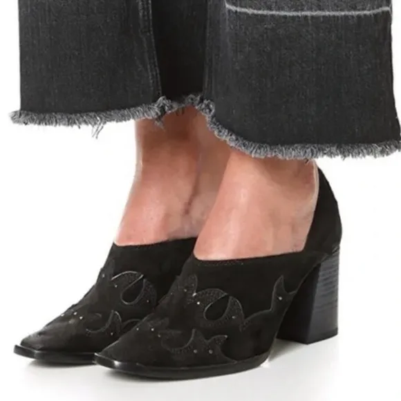 Free People Alamo Booties Black Suede Leather 38 7.5/8 Shoes Studs Western Heels