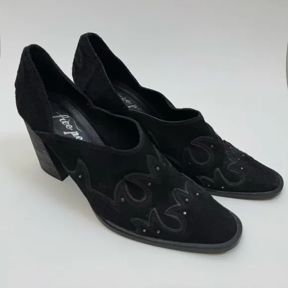 Free People Alamo Booties Black Suede Leather 38 7.5/8 Shoes Studs Western Heels