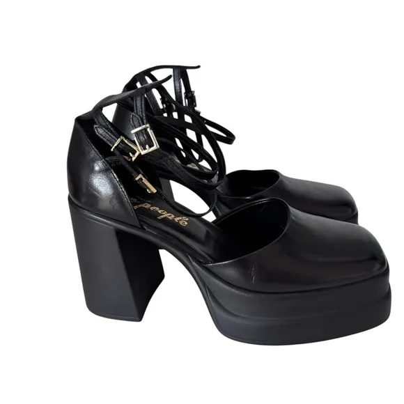 Free People Black Ankle Strap Platform Sandals Sz 6.5
