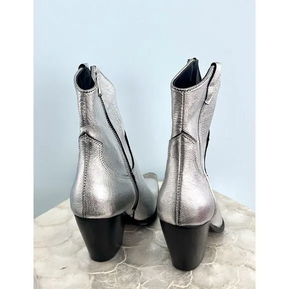 Free‎ People Brayden Western Boot Leather Pewter Etch Tip Silver Pewter 38 NWOT