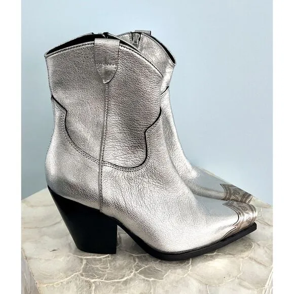 Free‎ People Brayden Western Boot Leather Pewter Etch Tip Silver Pewter 38 NWOT