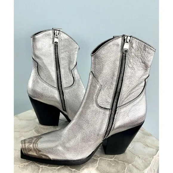Free‎ People Brayden Western Boot Leather Pewter Etch Tip Silver Pewter 38 NWOT