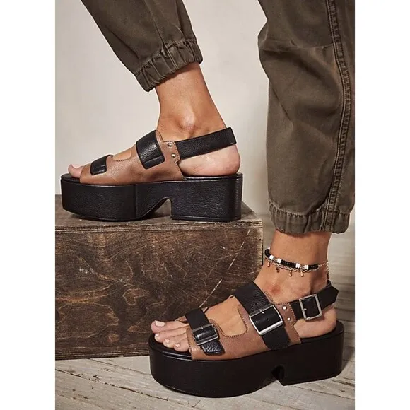 Free People Follow Your Own Path Platform Leather Sandals Black Brown EU40/US 10