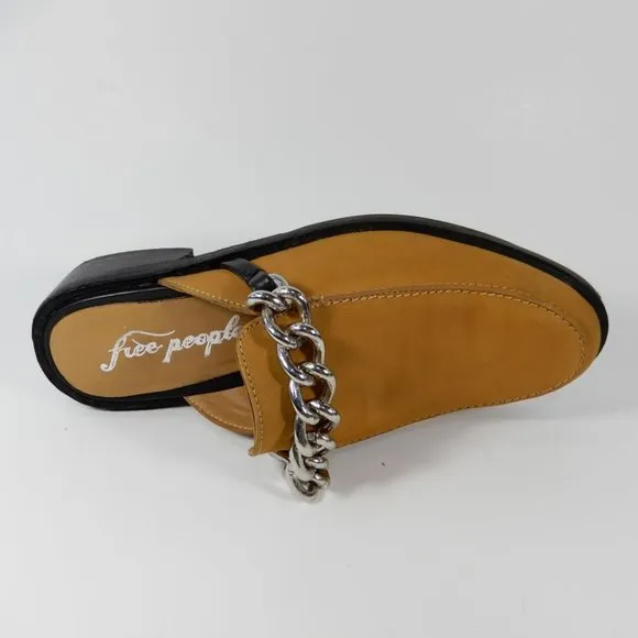 FREE PEOPLE Vida Slip On Mules Size 38 7.5 8 Honey Leather Silver Chain NEW