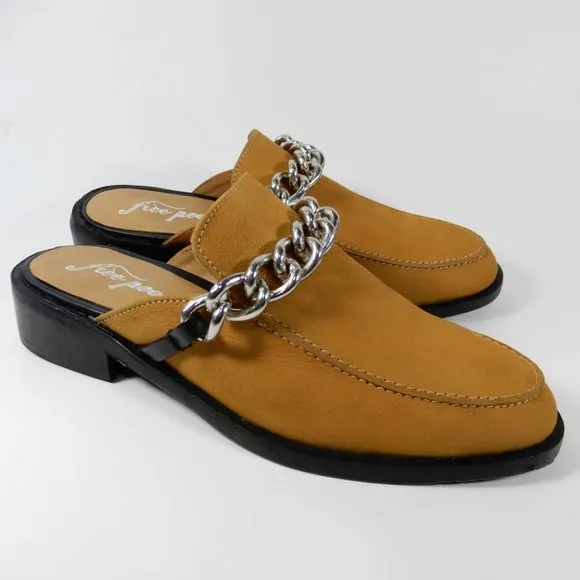 FREE PEOPLE Vida Slip On Mules Size 38 7.5 8 Honey Leather Silver Chain NEW