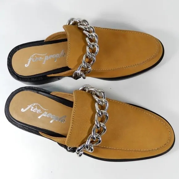 FREE PEOPLE Vida Slip On Mules Size 38 7.5 8 Honey Leather Silver Chain NEW