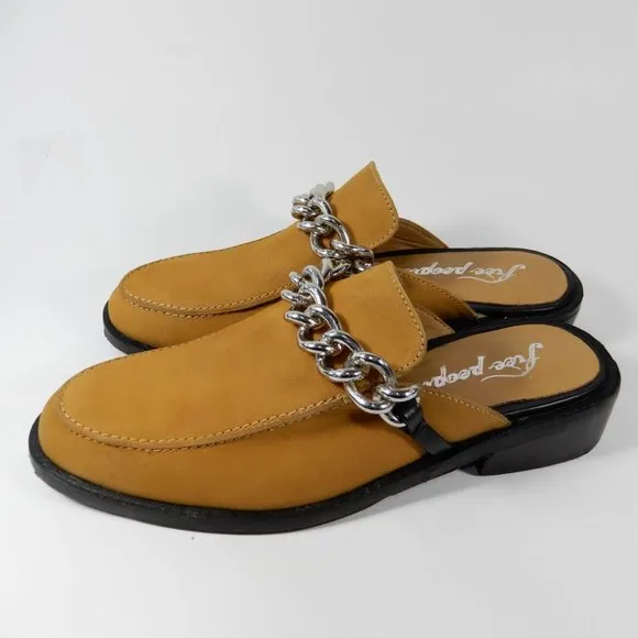 FREE PEOPLE Vida Slip On Mules Size 38 7.5 8 Honey Leather Silver Chain NEW