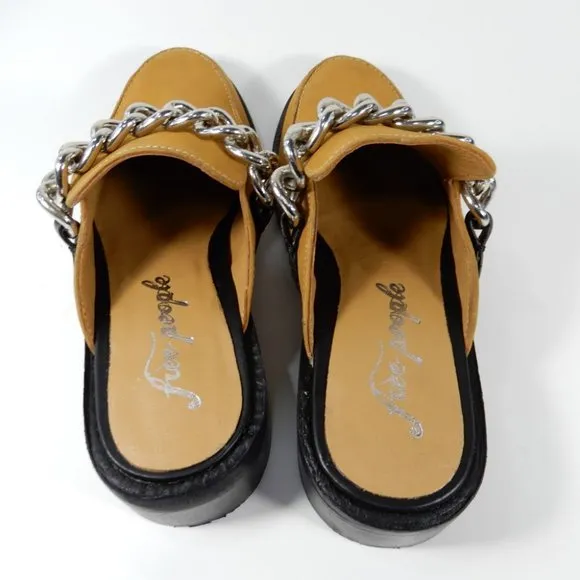 FREE PEOPLE Vida Slip On Mules Size 38 7.5 8 Honey Leather Silver Chain NEW