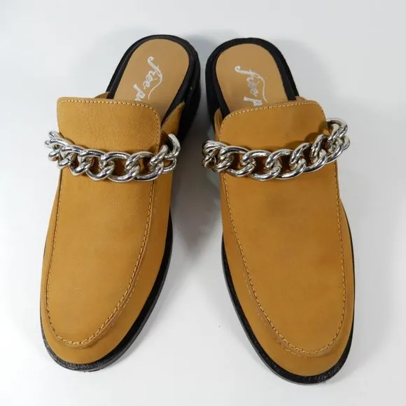 FREE PEOPLE Vida Slip On Mules Size 38 7.5 8 Honey Leather Silver Chain NEW